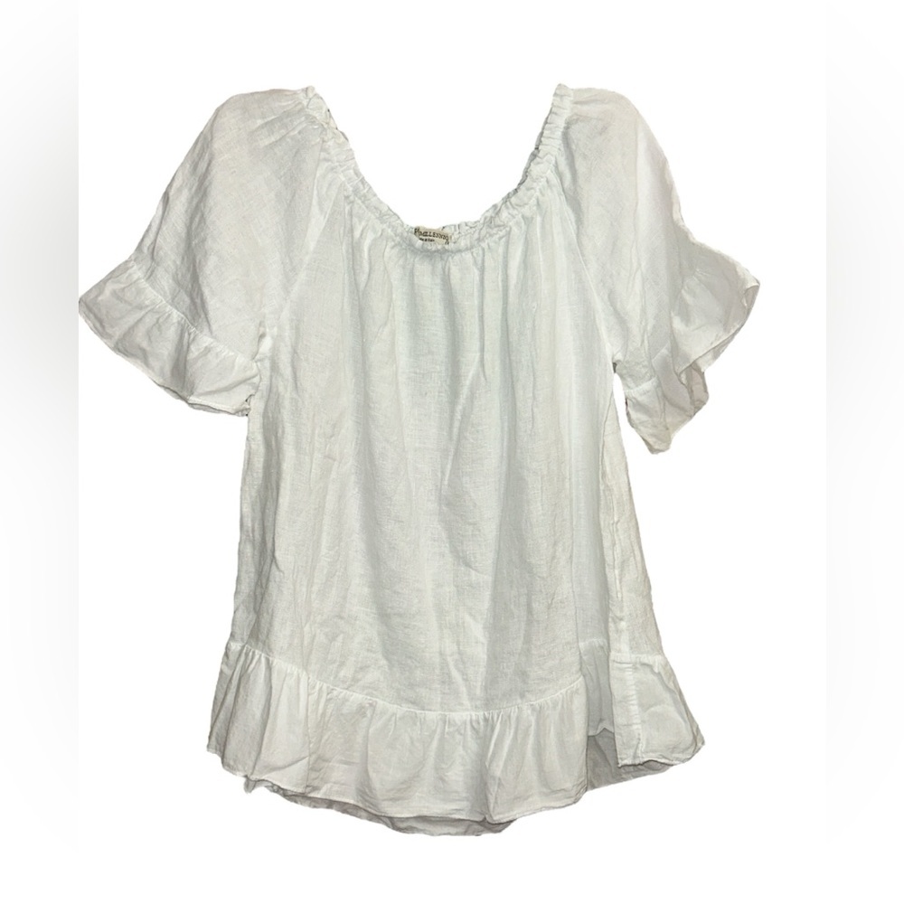 Terzo Millennio Italy Ruffle Top Blouse White 100% Linen